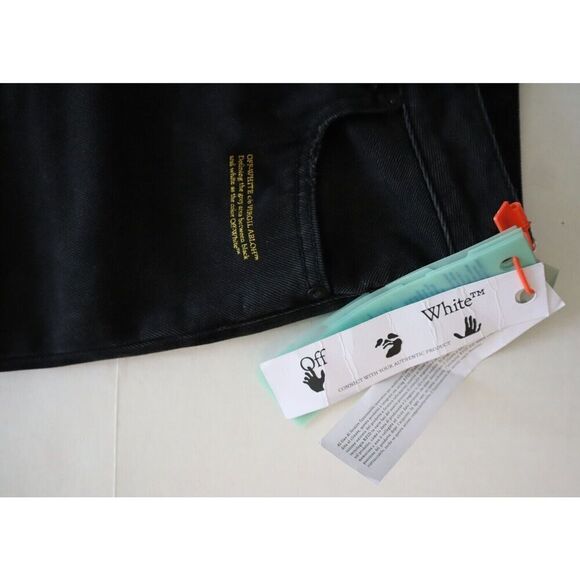 Off-White Women's Sz 26 Black Slogan-Print Straight High-Rise Denim Jeans - Picture 4 of 9